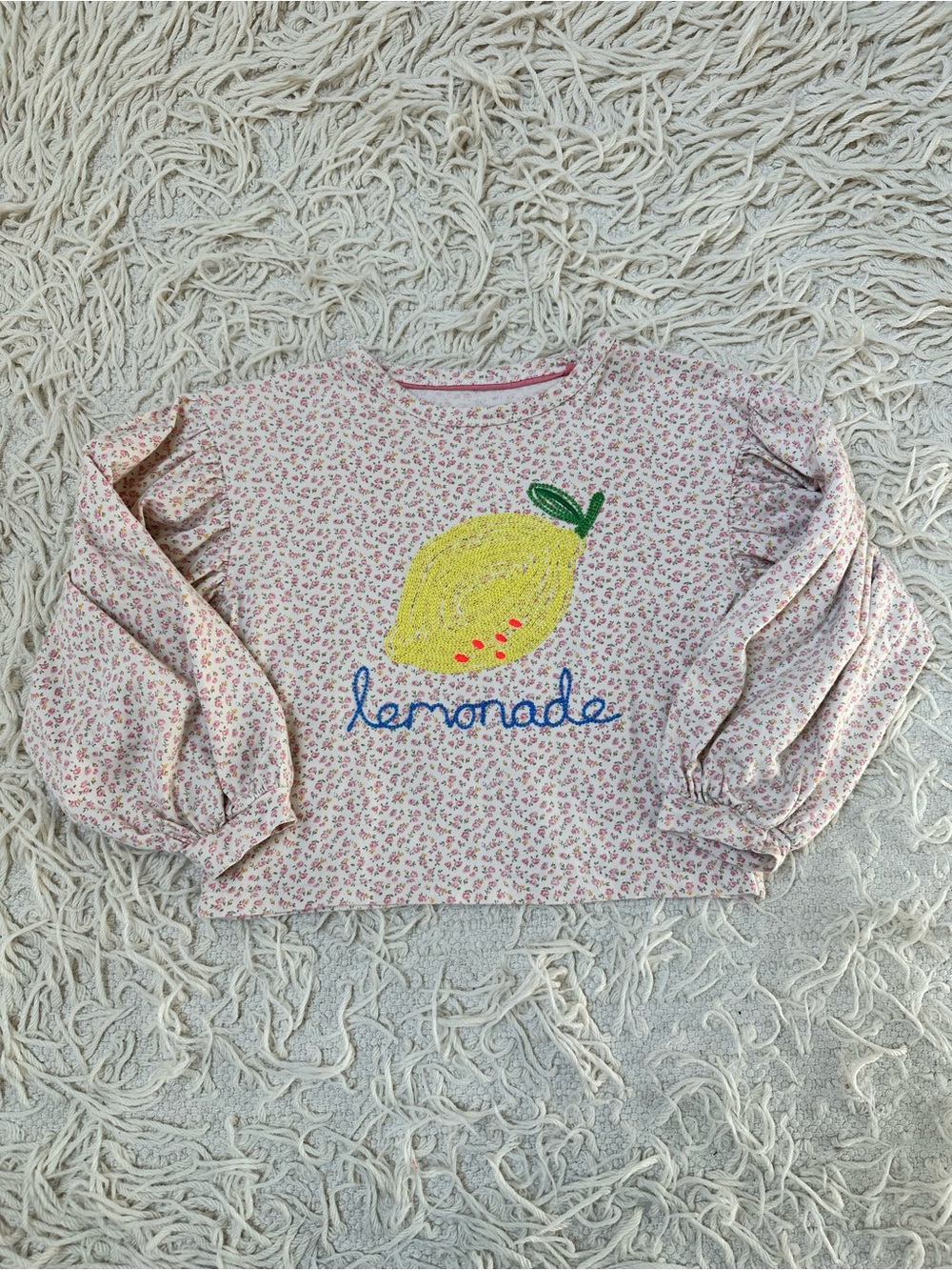 Mini Boden Pink Floral Shirt | Girls Size 7-8 | Adorable Embroidered Lemon 🍋
